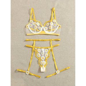 Floral Embroidered Mesh Garter Underwire Lingerie